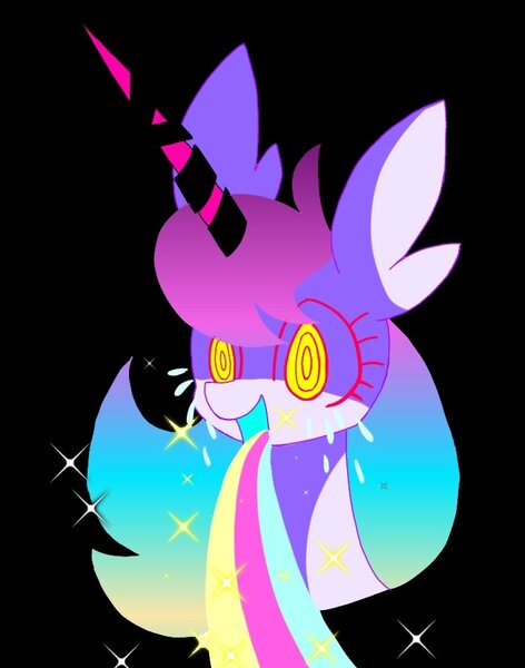 Size: 708x900 | Tagged: safe, artist:stacy_165cut, derpibooru import, oc, unofficial characters only, pony, black background, bust, female, horn, image, jpeg, mare, open mouth, portrait, puking rainbows, rainbow, simple background, solo, sparkles, vomit, vomiting