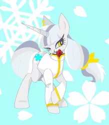 Size: 827x950 | Tagged: safe, artist:stacy_165cut, derpibooru import, roseluck, oc, oc:snow blossom, unofficial characters only, pony, unicorn, cherry blossoms, clothes, ear piercing, earring, female, flower, flower blossom, horn, image, jewelry, jpeg, mare, mouth hold, piercing, raised hoof, simple background, snow, snowflake, solo, white background