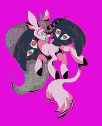 Size: 960x1180 | Tagged: safe, artist:stacy_165cut, derpibooru import, oc, unofficial characters only, alicorn, pony, eyes do not belong there, female, horn, image, jpeg, leonine tail, mare, open mouth, partially open wings, pink background, simple background, solo, tail, tongue out, wings
