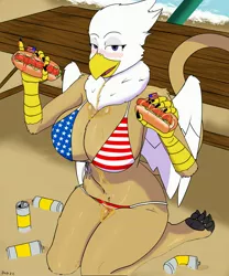 Size: 2500x3000 | Tagged: suggestive, artist:uso15, derpibooru import, oc, oc:gloria, unofficial characters only, anthro, digitigrade anthro, gryphon, 4th of july, alcohol, american flag bikini, beak, bedroom eyes, beer, beer can, belly button, big breasts, breasts, digital art, female, food, griffon oc, holding, holiday, hot dog, image, jpeg, kneeling, looking at you, meat, messy eating, open mouth, pose, sausage, solo, thighs, wide hips