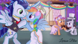 Size: 1280x720 | Tagged: safe, artist:mlplary6, derpibooru import, rainbow dash, rumble, scootaloo, soarin', pegasus, pony, blushing, bride, clothes, colt, dancing, dress, female, filly, foal, groom, image, looking at each other, looking at someone, male, mare, marriage, png, rumbloo, shipping, smiling, smiling at each other, soarindash, stallion, straight, teenager, wedding, wedding dress