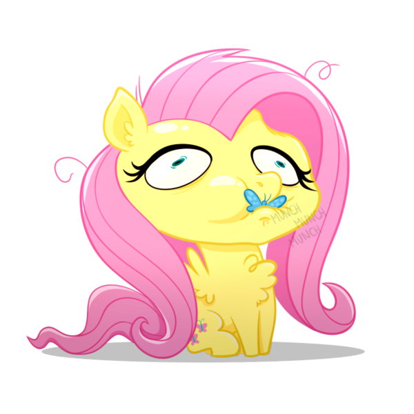 Size: 700x700 | Tagged: safe, artist:wispy tuft, derpibooru import, fluttershy, butterfly, insect, pegasus, pony, chest fluff, cross-eyed, eating, head empty, headphone dent, image, messy mane, pega sus, png, simple background, solo, transparent background