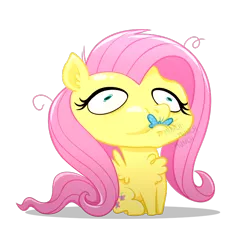 Size: 700x700 | Tagged: safe, artist:wispy tuft, derpibooru import, fluttershy, butterfly, insect, pegasus, pony, chest fluff, cross-eyed, eating, head empty, headphone dent, image, messy mane, pega sus, png, simple background, solo, transparent background