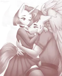 Size: 1052x1280 | Tagged: safe, artist:blueomlette, derpibooru import, oc, unofficial characters only, anthro, pegasus, unicorn, bedroom eyes, clothes, comic, cuddling, digital art, duo, female, horn, image, jpeg, looking at each other, looking at someone, male, monochrome, oc x oc, one eye closed, pants, romantic, shipping, shirt, side view, skirt, socks, stockings, straight, tail, thigh highs, wings, zoom layer