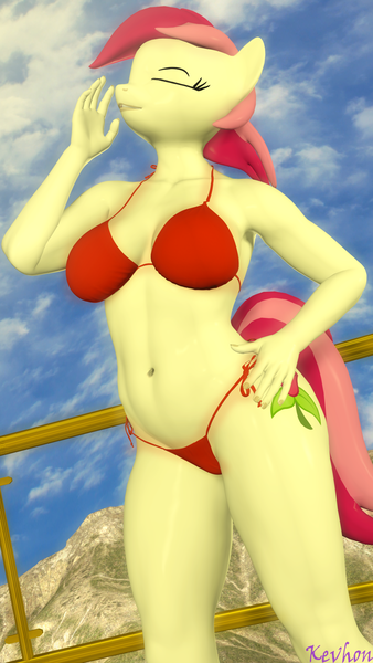Size: 2160x3840 | Tagged: suggestive, artist:kevhon, derpibooru import, roseluck, anthro, earth pony, 3d, bikini, bikini bottom, bikini top, clothes, commission, eyes closed, female, hand on hip, image, mountain, nail polish, png, sky, solo, solo female, source filmmaker, swimsuit, ych result