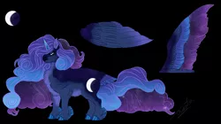 Size: 2000x1118 | Tagged: safe, artist:theartfox2468, princess luna, alicorn, pony, black background, coat markings, colored hooves, colored wings, ear fluff, ethereal mane, facial markings, feathered fetlocks, female, gradient wings, hoof fluff, image, mare, multicolored wings, pale belly, png, redesign, simple background, solo, tail feathers, wings