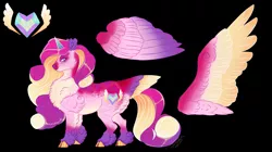 Size: 2000x1118 | Tagged: safe, artist:theartfox2468, princess cadance, alicorn, pony, alternate cutie mark, alternate design, black background, chest fluff, cloven hooves, coat markings, colored ears, colored hooves, colored wings, ear fluff, facial markings, female, gradient mane, gradient wings, hoof fluff, image, leg fluff, mare, multicolored hair, multicolored wings, pale belly, png, redesign, simple background, solo, tail feathers, twitterina design, wings