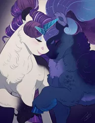 Size: 1700x2200 | Tagged: safe, artist:theartfox2468, princess luna, rarity, alicorn, pony, unicorn, alternate design, cheek fluff, chest fluff, coat markings, colored ears, colored hooves, couple, ear fluff, ethereal mane, eyes closed, eyeshadow, facial markings, female, gradient hooves, hair bun, hoof fluff, image, lesbian, makeup, neck fluff, nuzzling, pale belly, png, ponytail, rariluna, shipping, smiling, standing, unshorn fetlocks