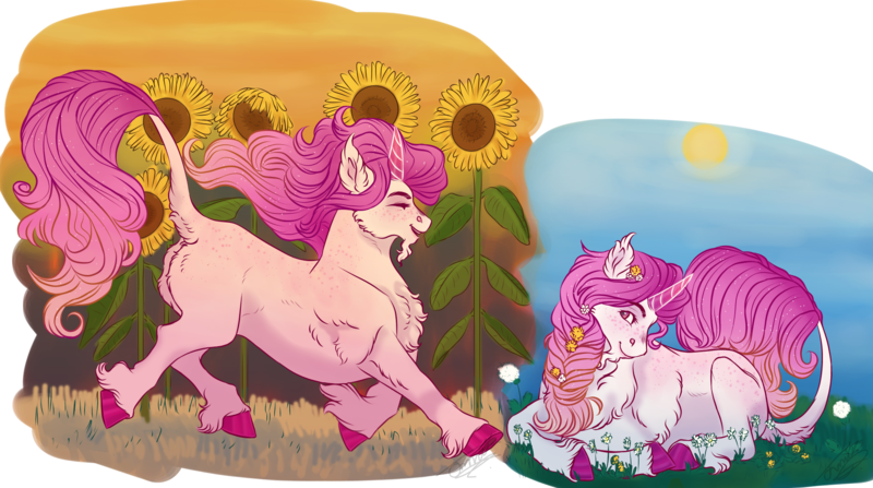 Size: 2000x1118 | Tagged: safe, artist:theartfox2468, princess celestia, pony, unicorn, braid, chest fluff, colored hooves, ear fluff, eyes closed, facial hair, female, field, flower, flower in hair, freckles, goatee, happy, image, leg fluff, leonine tail, lying down, mare, png, race swap, running, scenery, smiling, solo, sunflower, unicorn celestia, unshorn fetlocks, younger