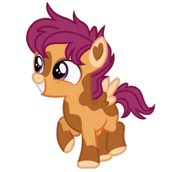 Size: 1280x1280 | Tagged: safe, artist:transjoestar, scootaloo, pegasus, pony, colored hooves, colored wings, facial markings, female, filly, image, mottled coat, open smile, png, redesign, simple background, solo, transparent background, wings
