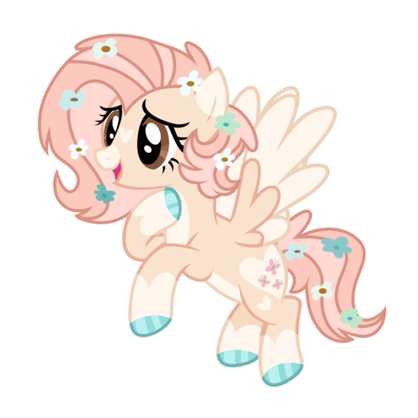 Size: 1280x1280 | Tagged: safe, artist:transjoestar, fluttershy, pegasus, pony, base used, brown eyes, coat markings, colored hooves, colored wings, facial markings, female, flower, flower in hair, flying, heart mark, image, mare, open mouth, pale belly, png, redesign, simple background, socks (coat marking), solo, transparent background, wings