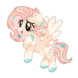 Size: 1280x1280 | Tagged: safe, artist:transjoestar, fluttershy, pegasus, pony, base used, brown eyes, coat markings, colored hooves, colored wings, facial markings, female, flower, flower in hair, flying, heart mark, image, mare, open mouth, pale belly, png, redesign, simple background, socks (coat marking), solo, transparent background, wings