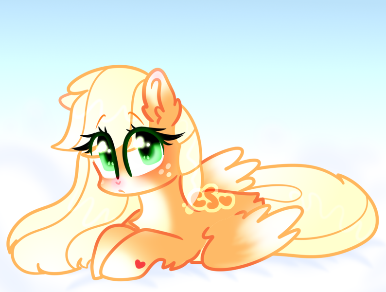 Size: 1008x762 | Tagged: safe, artist:computershits, derpibooru import, applejack, pegasus, blue background, cloud, ear fluff, eyelashes, female, flapplejack, freckles, hoof heart, image, lightly watermarked, lying down, markings, png, race swap, simple background, sky, solo, watermark