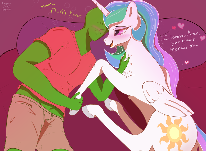 Size: 2505x1843 | Tagged: safe, artist:enonnnymous, derpibooru import, princess celestia, oc, oc:anon, human, pony, blushing, chest fluff, clothes, drunk, holding hooves, human on pony snuggling, i love you, image, looking at each other, looking at someone, png, snuggling