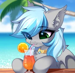 Size: 2342x2272 | Tagged: safe, artist:airiniblock, derpibooru import, oc, oc:bow-black, unofficial characters only, bat pony, pony, unicorn, alcohol, beach, cocktail, commission, drink, drinking straw, ear fluff, food, icon, image, ocean, orange, palm tree, png, solo, tree, water, ych result