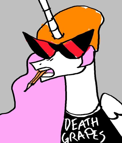 Size: 600x700 | Tagged: safe, artist:swagstapiece, derpibooru import, princess celestia, alicorn, pony, beanie, clothes, death grips, female, hat, image, jpeg, parody, pencil, pink-mane celestia, shirt, simple background, solo, sunglasses, t-shirt