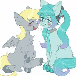 Size: 1800x1800 | Tagged: safe, artist:exxi00, derpibooru import, derpy hooves, ponified, earth pony, pegasus, pony, female, hatsune miku, headphones, image, jpeg, lesbian, necktie, shipping, simple background, unshorn fetlocks, vocaloid