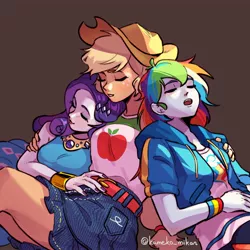 Size: 1750x1750 | Tagged: safe, artist:kameko_mikan, derpibooru import, applejack, rainbow dash, rarity, equestria girls, applejack's hat, belt, bracelet, clothes, cowboy hat, dress, female, hat, image, jewelry, jpeg, lesbian, polyamory, rarijackdash, rarity peplum dress, shipping, simple background, sleeping, wristband