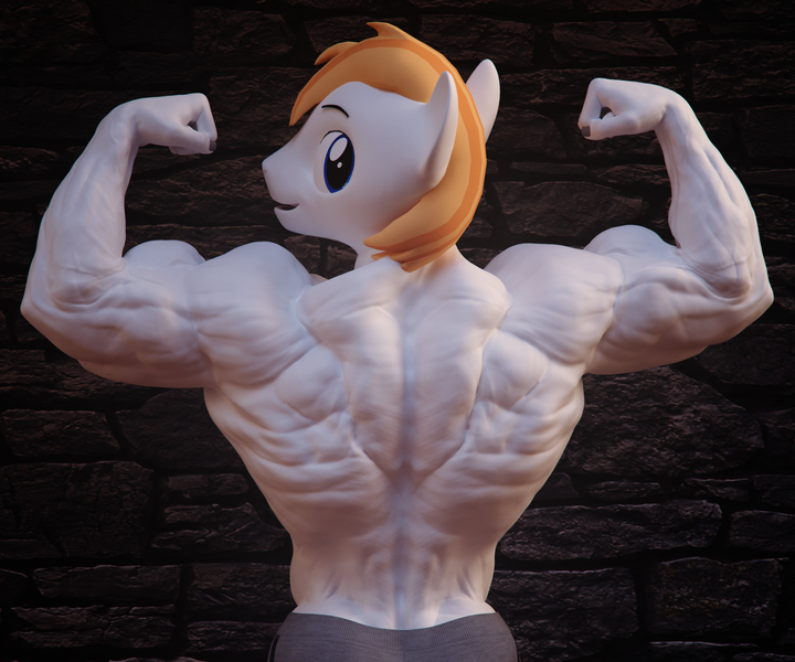 Size: 2048x1707 | Tagged: safe, artist:dashie116, derpibooru import, oc, oc:atom quanto, unofficial characters only, anthro, earth pony, 3d, anthro oc, back muscles, biceps, bodybuilder, clothes, daz studio, deltoids, earth pony oc, image, looking at you, looking back, looking back at you, male, muscles, muscular male, png, shorts, solo, teenager, triceps