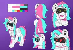 Size: 6640x4544 | Tagged: safe, artist:gnashie, derpibooru import, oc, oc:cyber rose, unofficial characters only, pony, robot, robot pony, unicorn, angry, horn, image, laughing, lights, microphone, open mouth, png, reference sheet, screen, simple background, unicorn oc