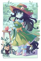 Size: 2731x4096 | Tagged: safe, artist:saxopi, derpibooru import, oc, unofficial characters only, earth pony, semi-anthro, anklet, bow, clothes, dress, drink, earth pony oc, female, hat, image, jewelry, jpeg, jug, potted plant, shoes, solo, strapless, sun hat