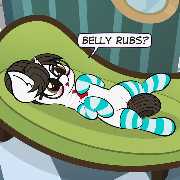 Size: 4726x4725 | Tagged: safe, alternate version, artist:veeayydee, derpibooru import, raven, pony, unicorn, belly button, bellyrub request, bellyrubs, blushing, clothes, commission, couch, cute, cuteness overload, dialogue, ear fluff, female, glasses, hair bun, high res, horn, image, looking at you, looking back, looking back at you, lying down, mare, necktie, on back, open mouth, open smile, png, ravenbetes, secretary, smiling, socks, solo, solo female, striped socks, ych result