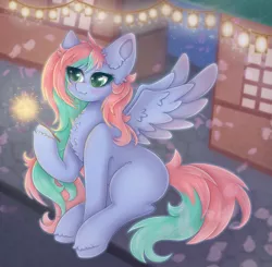 Size: 2040x2000 | Tagged: safe, artist:saltyvity, derpibooru import, oc, unofficial characters only, fluffy pony, pegasus, pony, bengal stick, blue body, cherry blossoms, city, commission, cute, fireworks, flashlights, flower, flower blossom, fluffy, green eyes, image, light, long hair, long mane, long tail, night, png, solo, tail, window