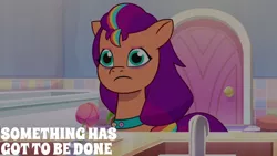 Size: 1280x720 | Tagged: safe, derpibooru import, edit, edited screencap, editor:quoterific, screencap, sunny starscout, earth pony, pony, my little pony: tell your tale, nightmare roommate, spoiler:g5, spoiler:my little pony: tell your tale, spoiler:tyts01e04, female, g5, image, jpeg, mare, solo, text