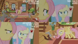 Size: 1280x720 | Tagged: safe, derpibooru import, edit, edited screencap, editor:quoterific, screencap, fluttershy, mouse, pegasus, pony, rabbit, putting your hoof down, season 2, animal, eyes closed, female, fluttershy's cottage, grin, image, mare, mirror, open mouth, png, smiling, spread wings, text, wings