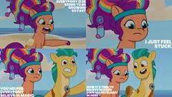 Size: 1280x720 | Tagged: safe, derpibooru import, edit, edited screencap, editor:quoterific, screencap, hitch trailblazer, sunny starscout, alicorn, earth pony, pony, my little pony: a new generation, my little pony: tell your tale, spoiler:g5, spoiler:my little pony: tell your tale, spoiler:tyts01e14, alicorn issues, beach, duo, female, g5, image, jpeg, male, mare, open mouth, open smile, race swap, smiling, stallion, sunnycorn, text