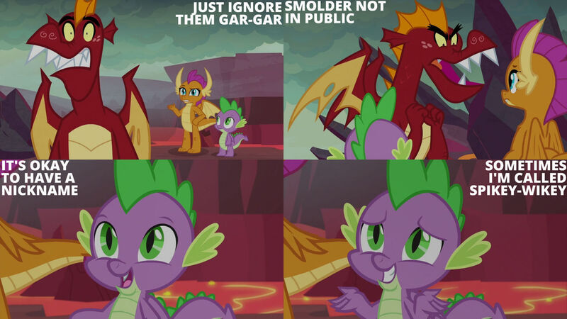 Size: 1280x720 | Tagged: safe, derpibooru import, edit, edited screencap, editor:quoterific, screencap, garble, smolder, spike, dragon, season 9, sweet and smoky, spoiler:s09, dragoness, female, image, jpeg, male, open mouth, open smile, smiling, text, trio, winged spike, wings