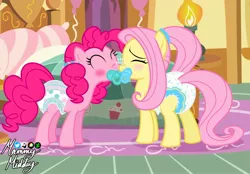 Size: 2048x1423 | Tagged: safe, artist:mommymidday, derpibooru import, fluttershy, pinkie pie, earth pony, pony, boop, diaper, diaper fetish, female, fetish, flutterpie, image, jpeg, kissing, lesbian, non-baby in diaper, poofy diaper, shipping, show accurate, show accurate porn