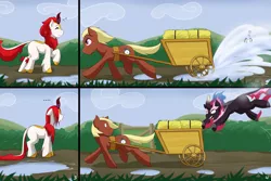 Size: 4500x3000 | Tagged: safe, artist:cainesart, derpibooru import, oc, oc:petal pyre, unofficial characters only, earth pony, kirin, nirik, pony, angry, comic, earth pony oc, female, hay bale, image, kirin oc, leaping, male, png, puddle, revenge, soaked, splash, transformation, turnaround, wagon
