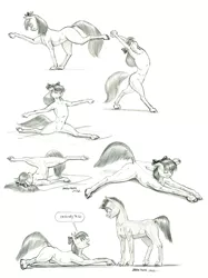 Size: 1100x1470 | Tagged: safe, artist:baron engel, derpibooru import, apple bloom, oc, oc:stone mane (baron engel), earth pony, pony, colt, female, filly, foal, image, jpeg, male, monochrome, pencil drawing, story included, stretching, traditional art