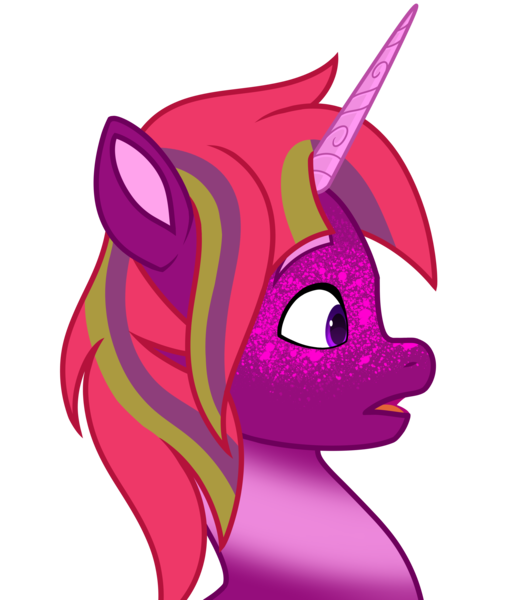 Size: 3000x3386 | Tagged: safe, artist:dancingkinfiend, derpibooru import, oc, unnamed oc, unofficial characters only, pony, unicorn, big eyes, bust, coat markings, colored eyebrows, colored horn, derpibooru exclusive, female, g5, gasp, high res, horn, image, male to female, mare, multicolored hair, multicolored mane, open mouth, png, portrait, purple eyes, purple fur, red mane, rule 63, side view, solo, sparkles, surprised, trans female, transgender, transgender oc, unicorn oc