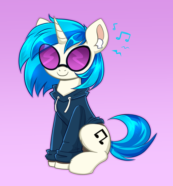 Size: 2204x2368 | Tagged: safe, artist:confetticakez, derpibooru import, vinyl scratch, pony, unicorn, airpods, clothes, cute, female, gradient background, hoodie, image, looking at you, mare, music notes, png, purple background, simple background, sitting, solo, sunglasses, vinyl's glasses, vinylbetes
