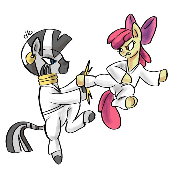 Size: 1000x1000 | Tagged: safe, artist:f1shysoul, derpibooru import, apple bloom, zecora, earth pony, pony, zebra, female, filly, foal, image, jpeg, karate, mare, simple background, training, white background