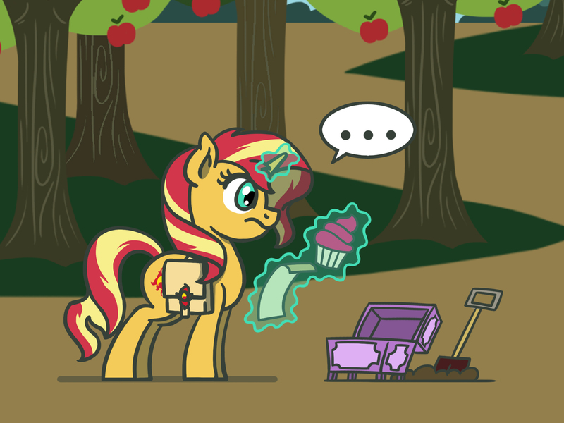 Size: 1800x1350 | Tagged: safe, artist:flutterluv, derpibooru import, part of a set, sunset shimmer, pony, unicorn, ..., atg 2022, bag, cupcake, food, image, jpeg, newbie artist training grounds, part of a series, saddle bag, shovel, solo, treasure chest