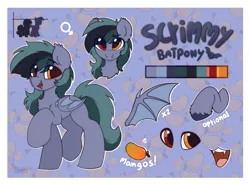 Size: 1596x1178 | Tagged: safe, artist:flixanoa, derpibooru import, oc, oc:scrimmy, unofficial characters only, bat pony, pony, bat pony oc, bat wings, border, chest fluff, closed mouth, complex background, cute, disembodied head, disembodied hoof, disembodied mouth, ear tufts, fangs, folded wings, food, height difference, height scale, heterochromia, hoof fluff, hooves, image, looking at you, looking sideways, looking to the right, male, mango, mangoes, open mouth, png, raised hoof, reference, reference sheet, sideways glance, size comparison, solo, solo male, spread wings, text, wings