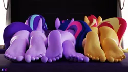 Size: 3840x2160 | Tagged: suggestive, alternate version, artist:shadowboltsfm, derpibooru import, starlight glimmer, sunset shimmer, twilight sparkle, anthro, plantigrade anthro, 3d, 4k, ass, barefoot, bed, blender, butt, feet, female, fetish, foot fetish, foot focus, high res, image, lying down, nail polish, not sfm, png, rear view, soles, toes, trio, trio female
