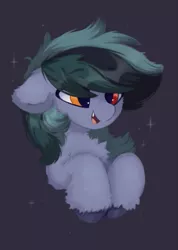Size: 429x601 | Tagged: safe, artist:flixanoa, derpibooru import, oc, oc:scrimmy, unofficial characters only, bat pony, pony, bat pony oc, bat wings, chest fluff, cute, ear fluff, fangs, fluffy, front view, gift art, gray background, half body, heterochromia, image, male, open mouth, png, pony oc, simple background, smiling, solo, solo male, sparkles, upper body, wings