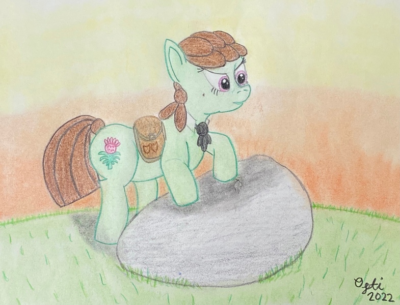 Size: 3863x2951 | Tagged: safe, artist:opti, derpibooru import, oc, oc:broadside barb, unofficial characters only, earth pony, pony, atg 2022, backpack, bag, determined, image, jpeg, newbie artist training grounds, rock, saddle bag, solo, sunset, traditional art