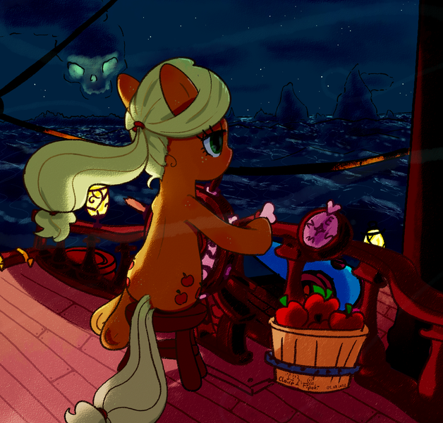 Size: 1734x1657 | Tagged: safe, artist:fipoki, derpibooru import, applejack, pony, apple, crossover, food, image, png, sea of thieves, ship, solo