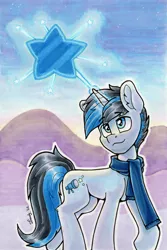 Size: 1795x2692 | Tagged: safe, artist:dandy, derpibooru import, oc, oc:solar gizmo, unofficial characters only, pony, unicorn, clothes, commission, copic, ear fluff, horn, image, magic, male, png, scarf, sky, solo, stars, traditional art, unicorn oc