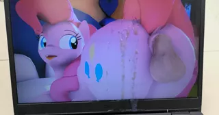 Size: 1100x577 | Tagged: explicit, derpibooru import, pinkie pie, earth pony, pony, anal, balloonbutt, butt, cum, cum tributes, image, irl, large butt, penetration, photo, png, sex