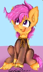 Size: 1776x2991 | Tagged: safe, artist:freefraq, derpibooru import, scootaloo, goo, goo pony, original species, blushing, cute, goo ponified, image, open mouth, open smile, png, sitting, smiling, solo, species swap