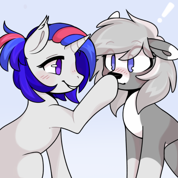 Size: 1500x1500 | Tagged: safe, artist:vert_glamis, derpibooru import, oc, oc:sapphire, oc:silverlining, deer, deer pony, original species, unicorn, blushing, boop, image, png