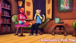 Size: 1920x1080 | Tagged: safe, artist:senthaurekmern, derpibooru import, part of a set, big macintosh, fluttershy, anthro, earth pony, pegasus, comic:butterscotch's first time, 3d, big breasts, boots, breasts, busty macareina, butterscotch, clothes, denim, denim shorts, food, image, macareina, pants, png, rule 63, shirt, shoes, shorts, t-shirt, tea