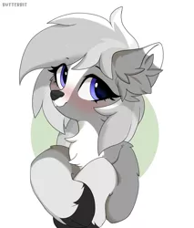 Size: 1707x2000 | Tagged: safe, artist:butterbit, derpibooru import, oc, oc:silverlining, unofficial characters only, deer, deer pony, original species, blushing, chest fluff, ear fluff, image, jpeg, simple background, solo, white background