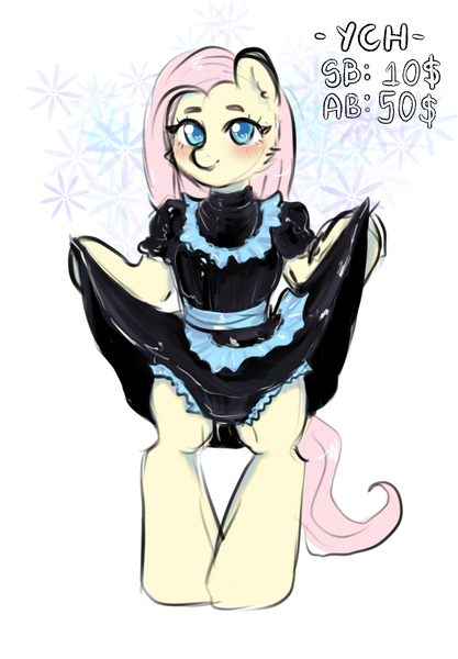 Size: 1640x2360 | Tagged: questionable, artist:vaiola, derpibooru import, fluttershy, pony, advertisement, auction, big eyes, bipedal, blushing, clothes, commission, cute, diaper, diaper fetish, dress, embarrassed, eyebrows, fetish, fluttermaid, full body, image, latex, latex dress, looking at you, maid, non-baby in diaper, png, rubber, shiny, shy, simple background, skirt, skirt lift, solo, standing, white background, ych example, ych sketch, your character here